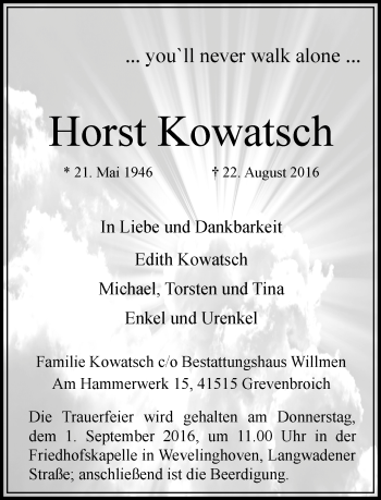 Traueranzeige von Horst Kowatsch von Rheinische Post