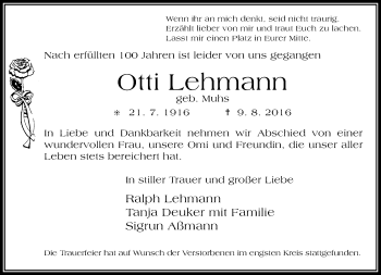 Traueranzeige von Otti Lehmann von Rheinische Post