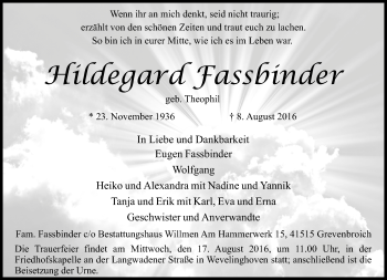 Traueranzeige von Hildegard Fassbinder von Rheinische Post