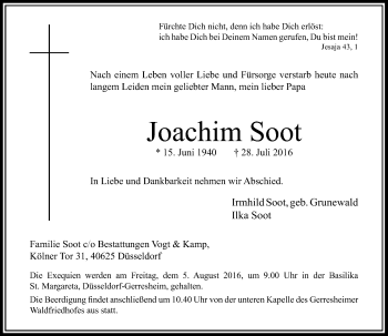 Traueranzeige von Joachim Soot von Rheinische Post