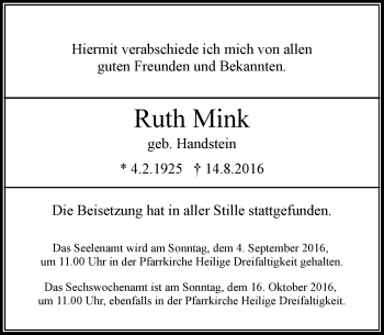 Traueranzeige von Ruth Mink von Rheinische Post