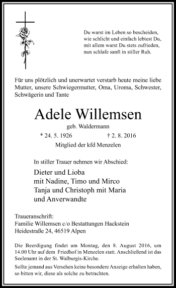 Traueranzeige von Adele Willemsen von Rheinische Post