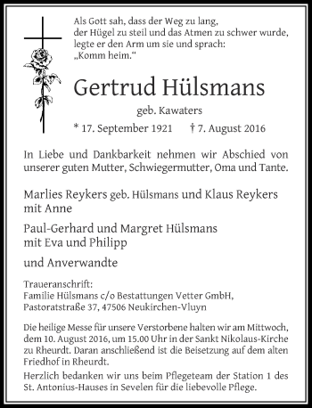 Traueranzeige von Gertrud Hülsmans von Rheinische Post