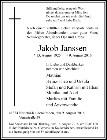 Traueranzeige von Jakob Janssen von Rheinische Post