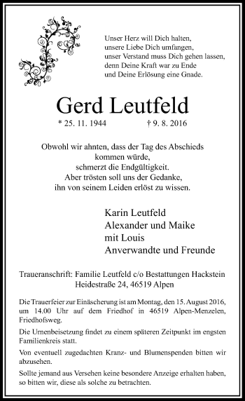 Traueranzeige von Gerd Leutfeld von Rheinische Post
