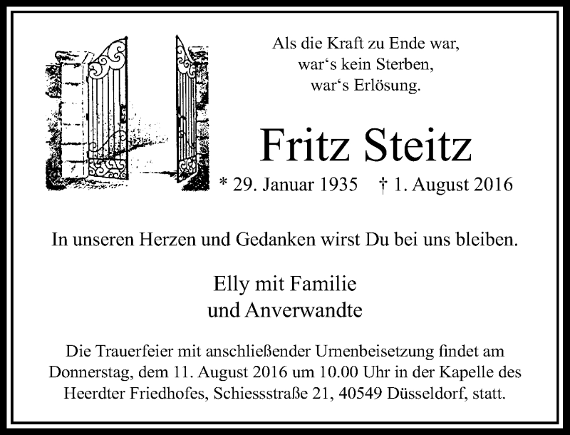  Traueranzeige für Fritz Steitz vom 06.08.2016 aus Rheinische Post