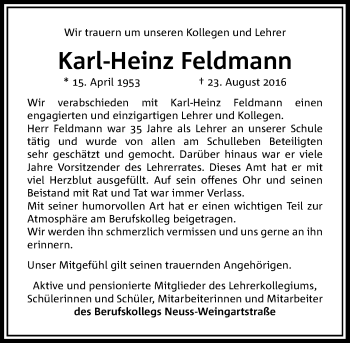 Traueranzeige von Karl-Heinz Feldmann von Rheinische Post