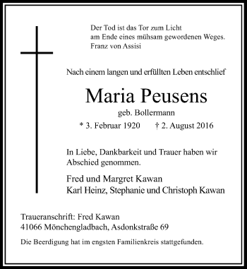 Traueranzeige von Maria Peusens von Rheinische Post