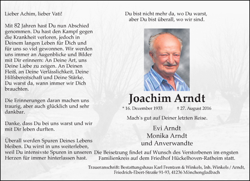  Traueranzeige für Joachim Arndt vom 03.09.2016 aus Rheinische Post