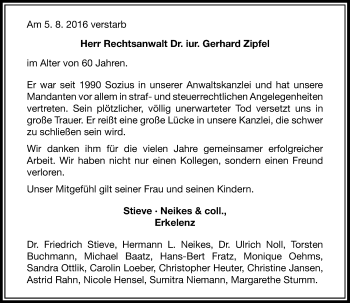 Traueranzeige von Gerhard Zipfel von Rheinische Post