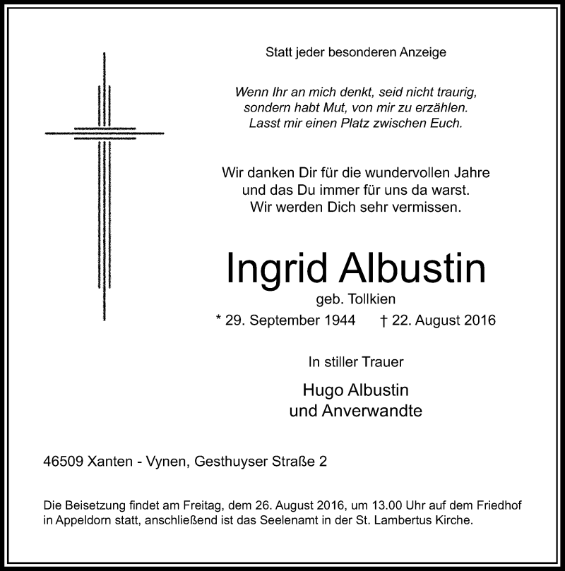  Traueranzeige für Ingrid Albustin vom 25.08.2016 aus Rheinische Post