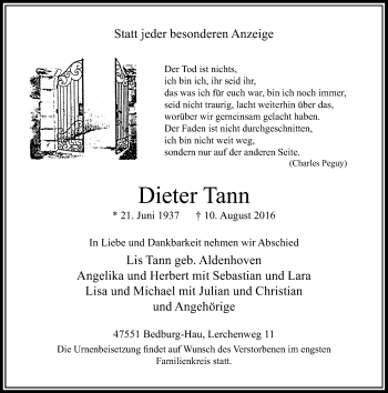 Traueranzeige von Dieter Tann von Rheinische Post