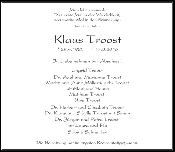 Traueranzeige von Klaus Troost von Rheinische Post