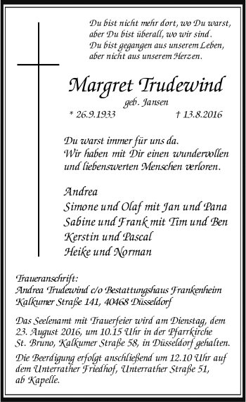 Traueranzeige von Margret Trudewind von Rheinische Post