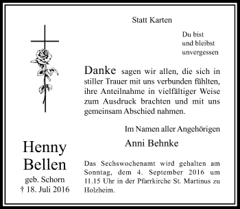 Traueranzeige von Henny Bellen von Rheinische Post