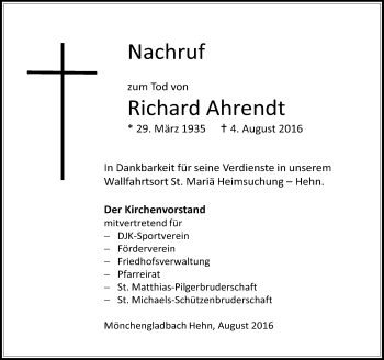 Traueranzeige von Richard Ahrendt von Rheinische Post