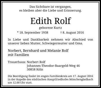 Traueranzeige von Edith Rolf von Rheinische Post