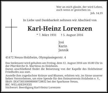 Traueranzeige von Karl-Heinz Lorenzen von Rheinische Post