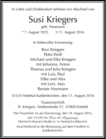 Traueranzeige von Susi Kriegers von Rheinische Post