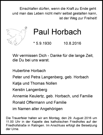 Traueranzeige von Paul Horbach von Rheinische Post