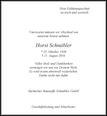 Traueranzeige von Horst Schnäbler von Rheinische Post