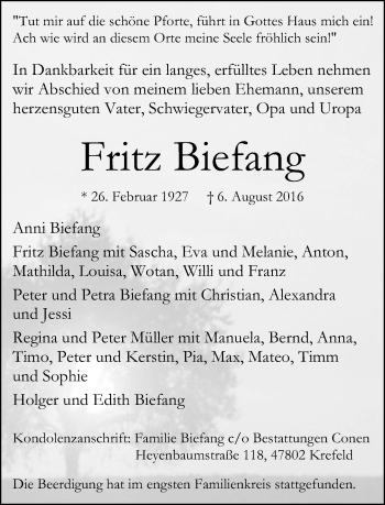 Traueranzeige von Fritz Biefang von Rheinische Post