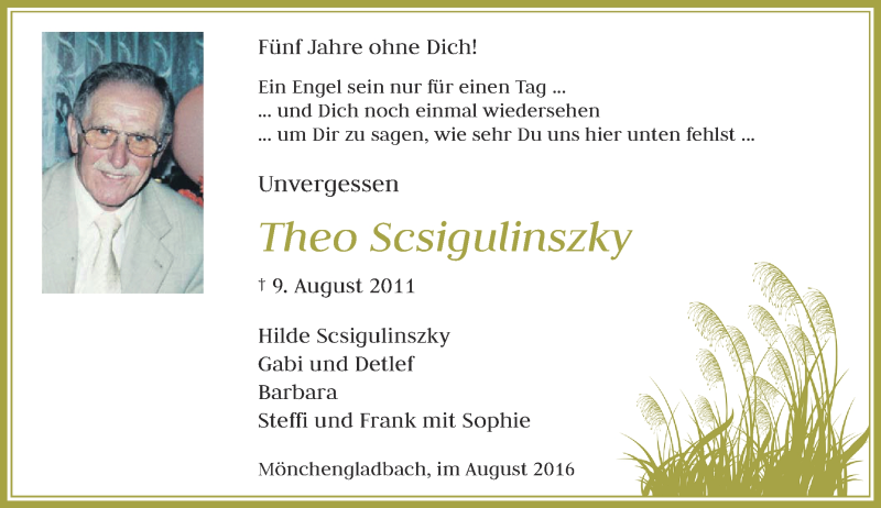  Traueranzeige für Theo Scsigulinszky vom 13.08.2016 aus Rheinische Post