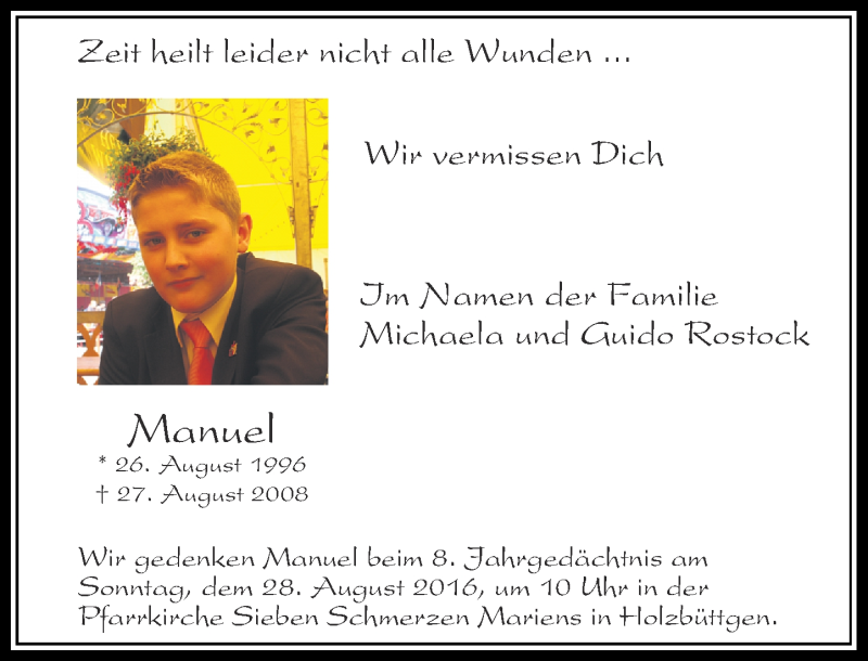  Traueranzeige für Manuel Rostock vom 27.08.2016 aus Rheinische Post