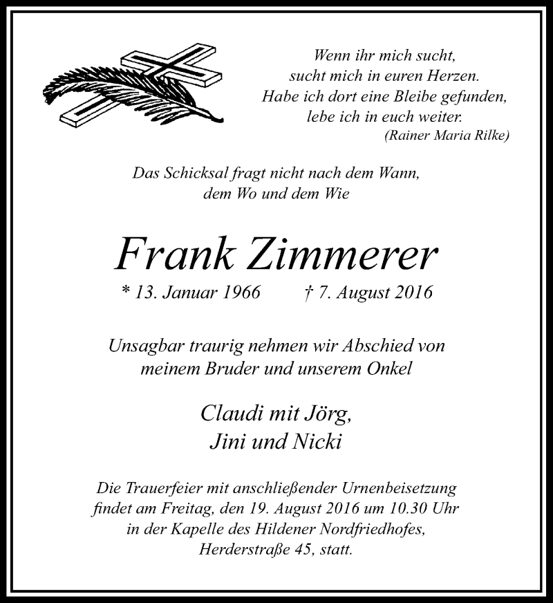  Traueranzeige für Frank Zimmerer vom 13.08.2016 aus Rheinische Post