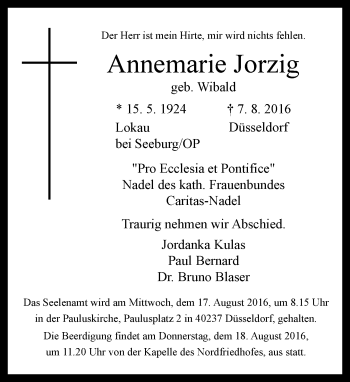 Traueranzeige von Annemarie Jorzig von Rheinische Post