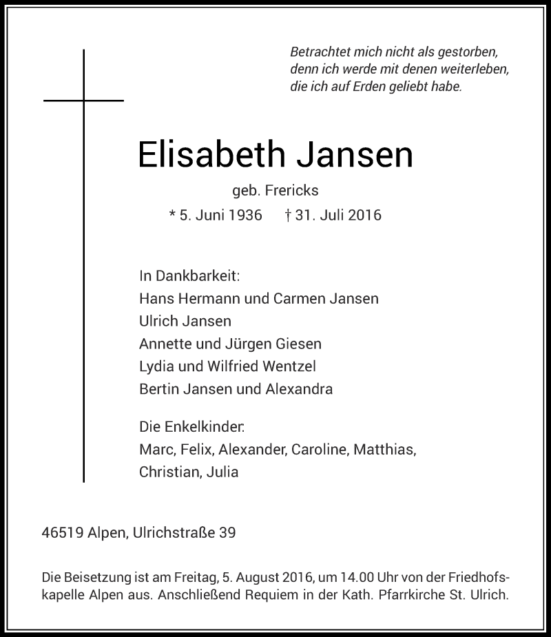 Traueranzeige für Elisabeth Jansen vom 03.08.2016 aus Rheinische Post