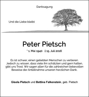 Traueranzeige von Peter Pietsch von Rheinische Post