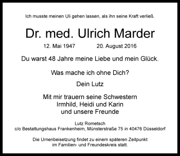 Traueranzeige von Ulrich Marder von Rheinische Post