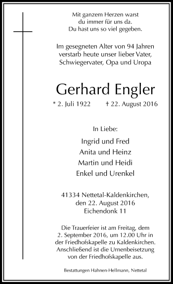 Traueranzeige von Gerhard Engler von Rheinische Post