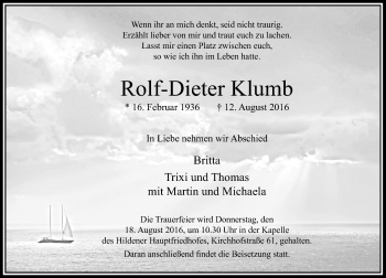 Traueranzeige von Rolf-Dieter Klumb von Rheinische Post
