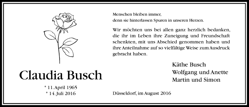  Traueranzeige für Claudia Busch vom 17.08.2016 aus Rheinische Post