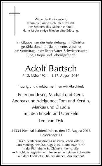 Traueranzeige von Adolf Bartsch von Rheinische Post