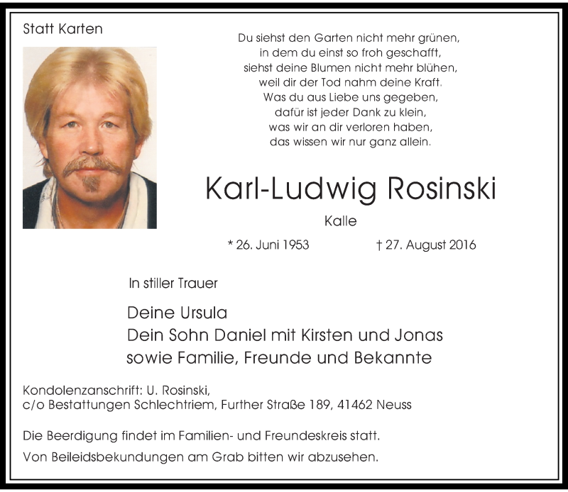  Traueranzeige für Karl-Ludwig Rosinski vom 31.08.2016 aus Rheinische Post