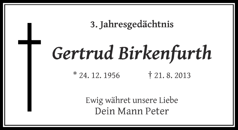  Traueranzeige für Gertrud Birkenfurth vom 20.08.2016 aus Rheinische Post