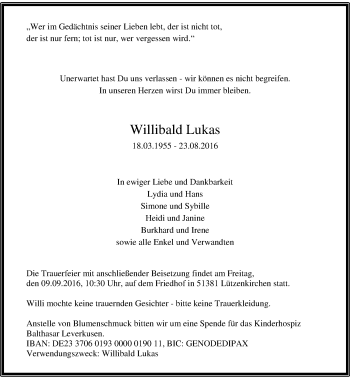 Traueranzeige von Willibald Lukas von Rheinische Post