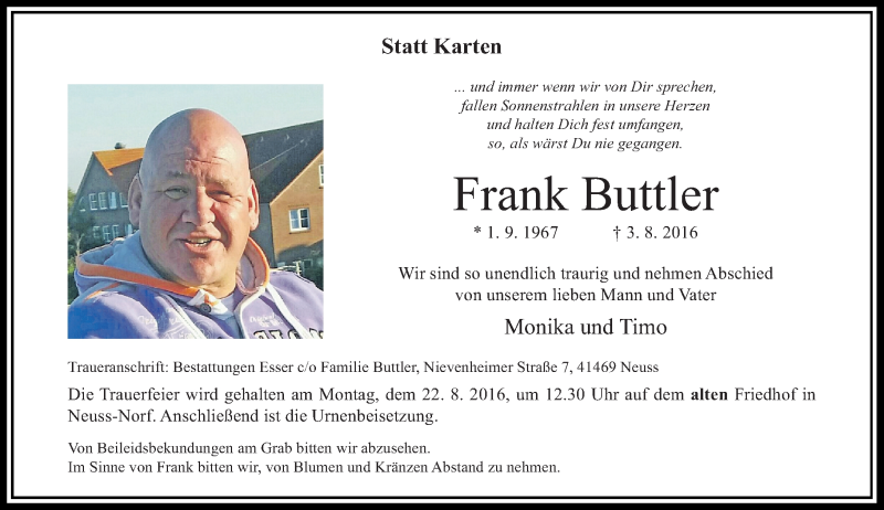  Traueranzeige für Frank Buttler vom 13.08.2016 aus Rheinische Post