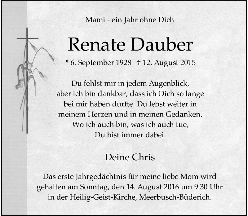  Traueranzeige für Renate Dauber vom 13.08.2016 aus Rheinische Post