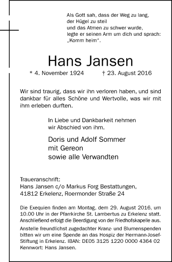 Traueranzeige von Hans Jansen von Rheinische Post