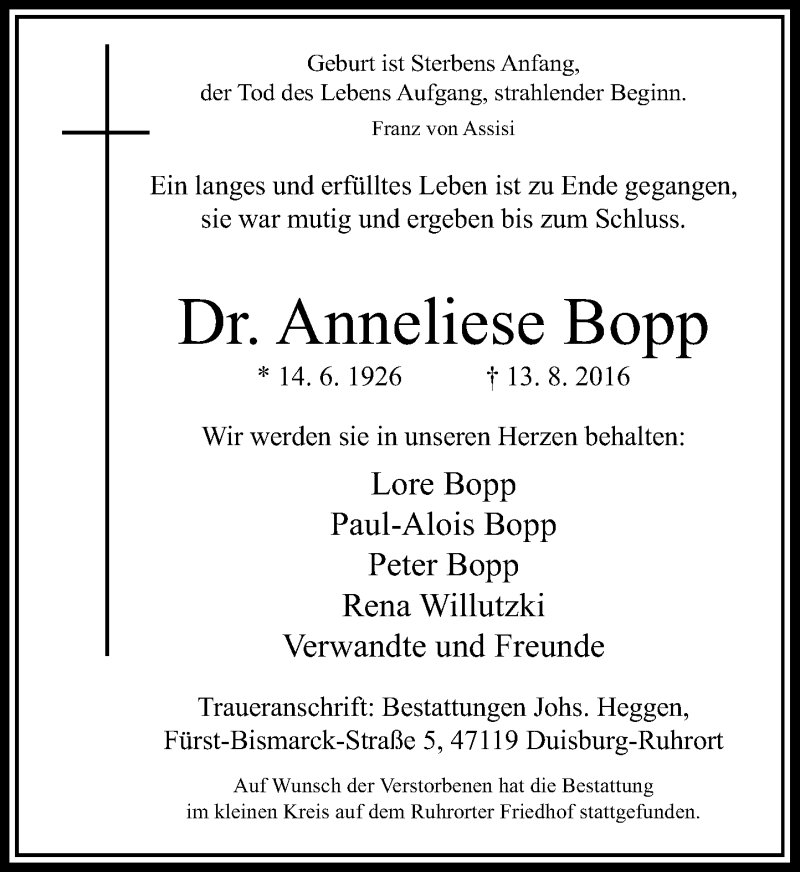  Traueranzeige für Anneliese Bopp vom 27.08.2016 aus Rheinische Post