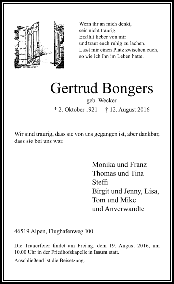 Traueranzeige von Gertrud Bongers von Rheinische Post