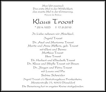 Traueranzeige von Klaus Troost von Rheinische Post