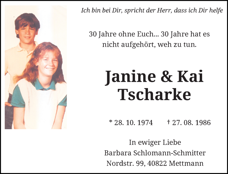  Traueranzeige für Janine und Kai Tscharke vom 27.08.2016 aus Rheinische Post