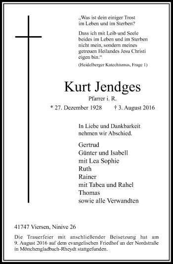 Traueranzeige von Kurt Jendges von Rheinische Post