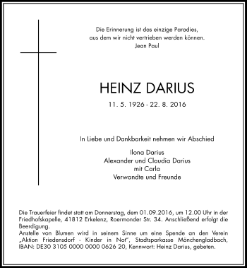 Traueranzeige von Heinz Darius von Rheinische Post