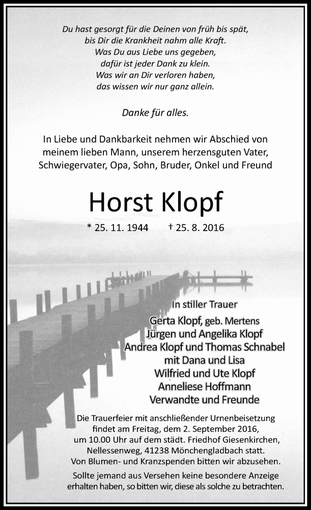 Traueranzeige für Horst Klopf vom 31.08.2016 aus Rheinische Post